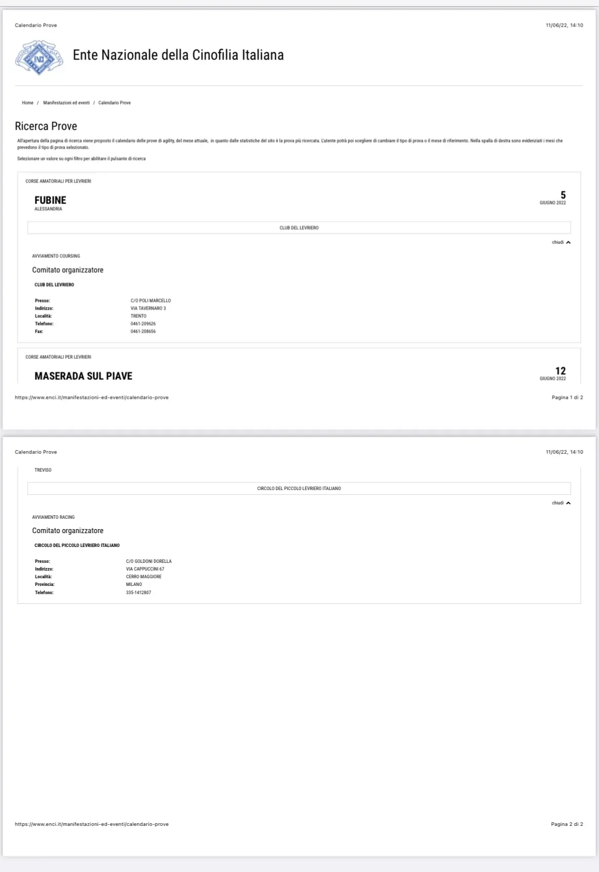 Calendario prove Corse Levrieri su Sito ENCI aggiornato alle 14.10 del 11 giugno 2022