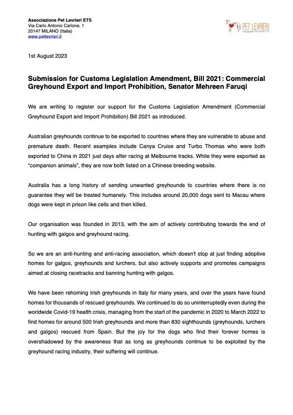 PETLEVRIERI ITALY submission in support of greyhound commerce prohibition bill 3 August 2023