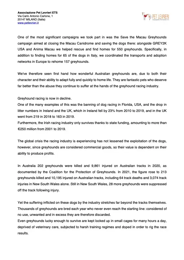 PETLEVRIERI ITALY submission in support of greyhound commerce prohibition bill 3 August 2023 2