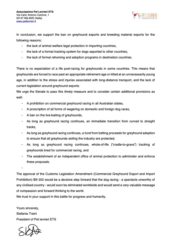 PETLEVRIERI ITALY submission in support of greyhound commerce prohibition bill 3 August 2023 3